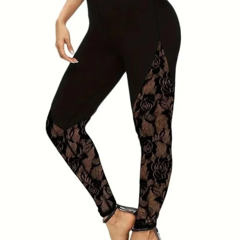 New Floral Lace Stitching  Stretchy Leggings 1X 2X